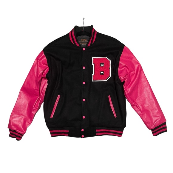 Couro Men's Varsity Baseball Letterman Bomber Wool pink Faux Leather Jacket L - Picture 2 of 10